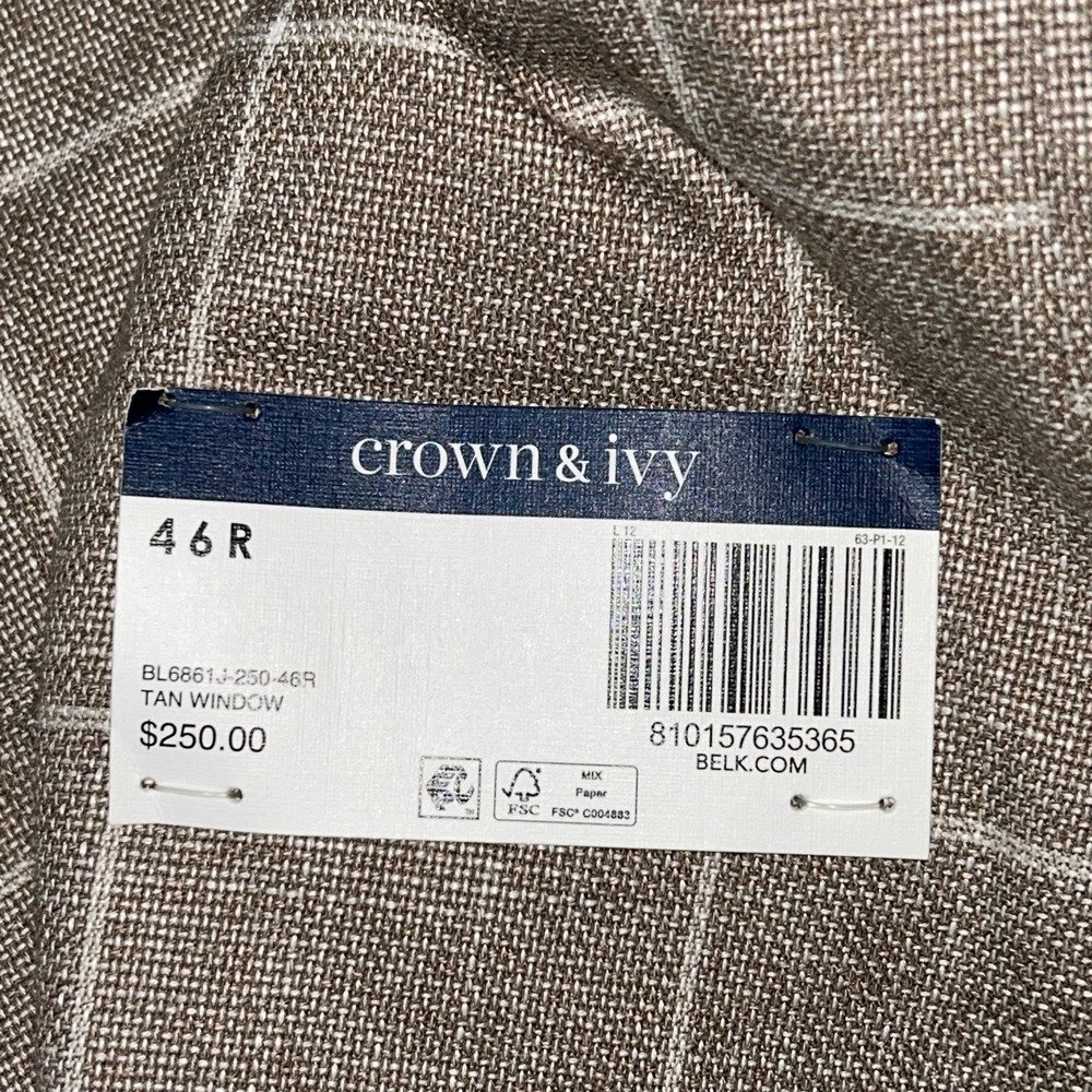 Crown & Ivy Blazer 46R Tan Windowpane Sport Coat Modern Fit Stretch NWT motion - Picture 3 of 16